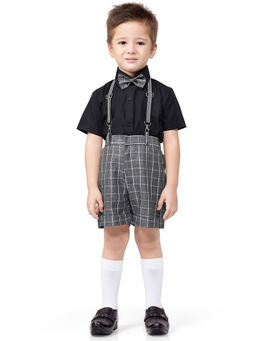 Jeetethnics - Boys Grey Checked Suspender Shorts Set With Shirt (set Of 4)