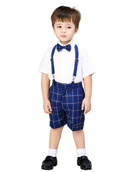 Jeetethnics - Boys Navy Blue Checked Suspender Shorts Set With Shirt (set Of 4)