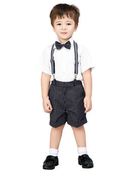 Jeetethnics - Boys Navy Blue Striped Suspender Shorts Set With Shirt (set Of 4)