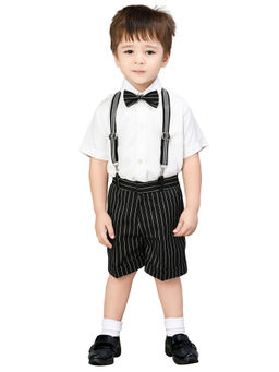 Jeetethnics - Boys Black Striped Suspender Shorts Set With Shirt (set Of 4)