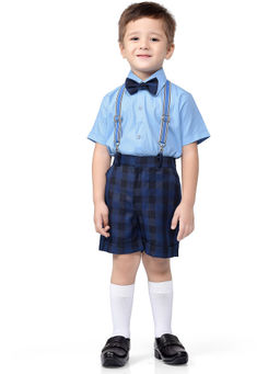 Jeetethnics - Boys Navy Blue Checked Suspender Shorts Set With Shirt (set Of 4)