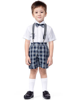 Jeetethnics - Boys Navy Blue Checked Suspender Shorts Set With Shirt (set Of 4)