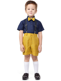 Jeetethnics - Boys Yellow Checked Suspender Shorts Set With Shirt (set Of 4)