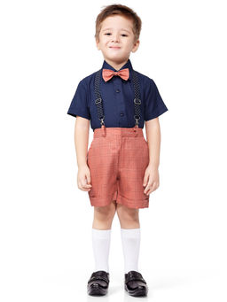 Jeetethnics - Boys Peach Checked Suspender Shorts Set With Shirt (set Of 4)