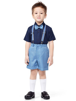 Jeetethnics - Boys Blue Checked Suspender Shorts Set With Shirt (set Of 4)