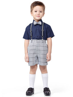 Jeetethnics - Boys Grey Checked Suspender Shorts Set With Shirt (set Of 4)