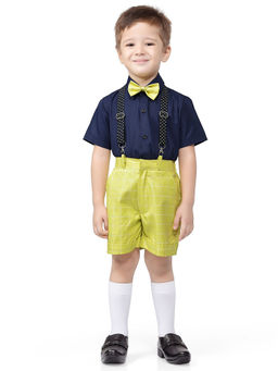 Jeetethnics - Boys Yellow Checked Suspender Shorts Set With Shirt (set Of 4)
