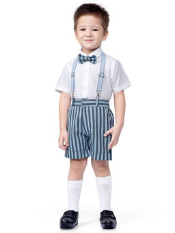 Jeetethnics - Boys Blue Striped Suspender Shorts Set With Shirt (set Of 4)