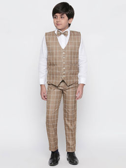 Jeetethnics - Boys Khaki Checked Waistcoat with Shirt and Trousers (Set of 4)