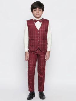 Jeetethnics - Boys Maroon Checked Waistcoat with Shirt and Trousers (Set of 4)
