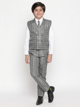 Jeetethnics - Boys Grey Checked Waistcoat with Shirt and Trousers (Set of 4)
