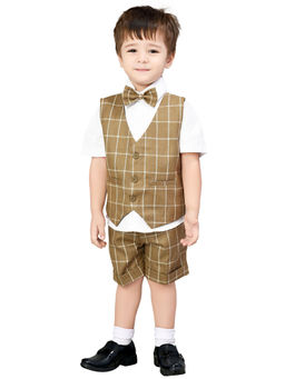 Jeetethnics - Boys Khaki Checked Waistcoat Cum Shirt Set With Shorts (set Of 3)