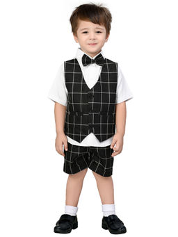 Jeetethnics - Boys Black Checked Waistcoat Cum Shirt Set With Shorts (set Of 3)