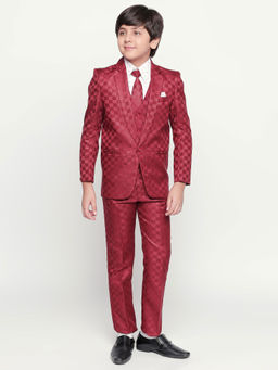 Jeetethnics - Boys Maroon Checked Coat Suit with Waistcoat Shirt and Trousers (Set of 5)