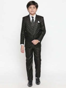 Jeetethnics - Boys Black Checked Coat Suit with Waistcoat Shirt and Trousers (Set of 5)
