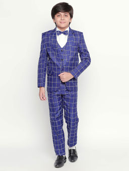 Jeetethnics - Boys Navy Blue Checked Coat Suit with Waistcoat Shirt & Trouser (Set of 5)