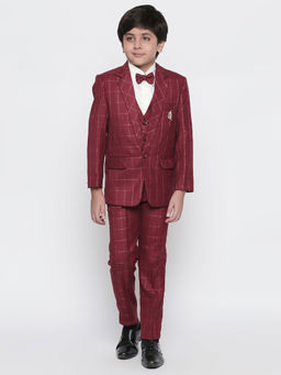 Jeetethnics - Boys Maroon Checked Coat Suit with Waistcoat Shirt and Trousers (Set of 5)