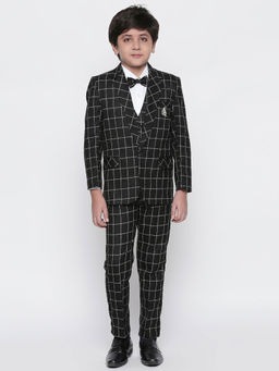 Jeetethnics - Boys Black Checked Coat Suit with Waistcoat Shirt and Trousers (Set of 5)