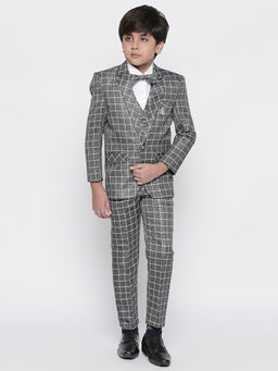 Jeetethnics - Boys Grey Checked Coat Suit with Waistcoat Shirt and Trousers (Set of 5)