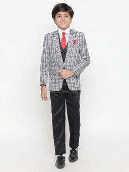 Jeetethnics - Boys Grey Checked Coat Suit with Waistcoat Shirt and Trousers (Set of 5)