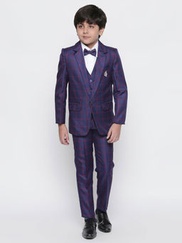 Jeetethnics - Boys Navy Blue Checked Coat Suit with Waistcoat Shirt & Trouser (Set of 5)
