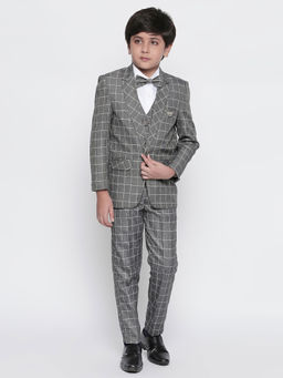 Jeetethnics - Boys Grey Checked Coat Suit with Waistcoat Shirt and Trousers (Set of 5)