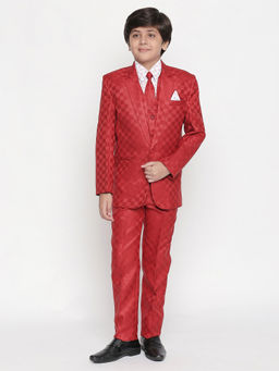 Jeetethnics - Boys Red Checked Coat Suit with Waistcoat Shirt and Trousers (Set of 5)