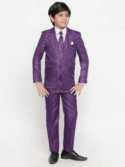 Jeetethnics - Boys Purple Checked Coat Suit with Waistcoat Shirt and Trousers (Set of 5)
