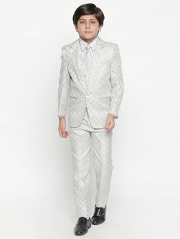 Jeetethnics - Boys Silver Checked Coat Suit with Waistcoat Shirt and Trousers (Set of 5)