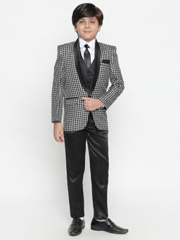 Jeetethnics - Boys Black Checked Coat Suit with Waistcoat Shirt and Trousers (Set of 5)