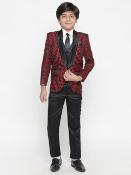 Jeetethnics - Boys Red Checked Coat Suit with Waistcoat Shirt and Trousers (Set of 5)