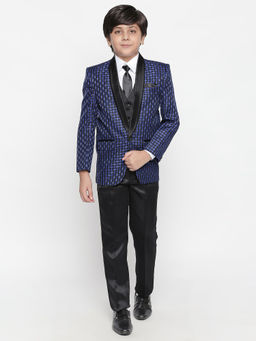 Jeetethnics - Boys Navy Blue Checked Coat Suit with Waistcoat Shirt & Trouser (Set of 5)