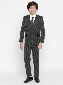 Jeetethnics - Boys Black Striped Coat Suit with Waistcoat Shirt and Trousers (Set of 5)