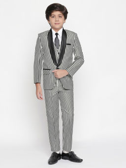 Jeetethnics - Boys White Striped Coat Suit with Waistcoat Shirt and Trousers (Set of 5)