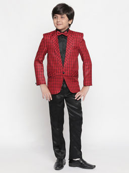 Jeetethnics - Boys Red Checked Coat Suit with Shirt and Trousers (Set of 4)