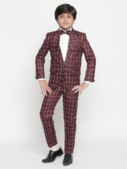 Jeetethnics - Boys Wine Checked Coat Suit with Shirt and Trousers (Set of 4)