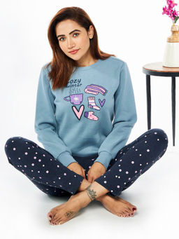 July Nightwear - Winter Collection For Women Blue Fleece Track Suit with Round Neck