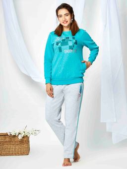 July Nightwear - Winter Collection For Women Blue and Grey Fleece Track Suit with Round Neck