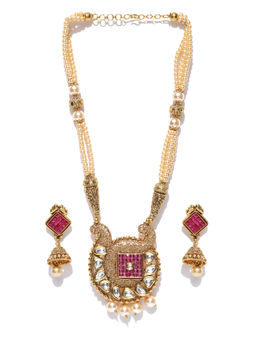 Jewels Galaxy - Gold Toned Stone Studded Beaded Necklace With Earrings