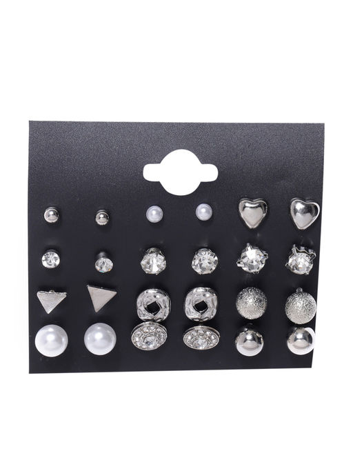 Jewels Galaxy AD Heart Round and Geometric Brilliant Stud Earrings (Pack of 12)