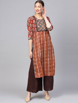 Jaipur Kurti - Maroon Ethnic Motifs Straight Cotton Kurta