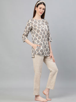 Jaipur Kurti - Blue Ethnic Print Loungewear Kurta & Pyjama With Hairband (Set of 3)