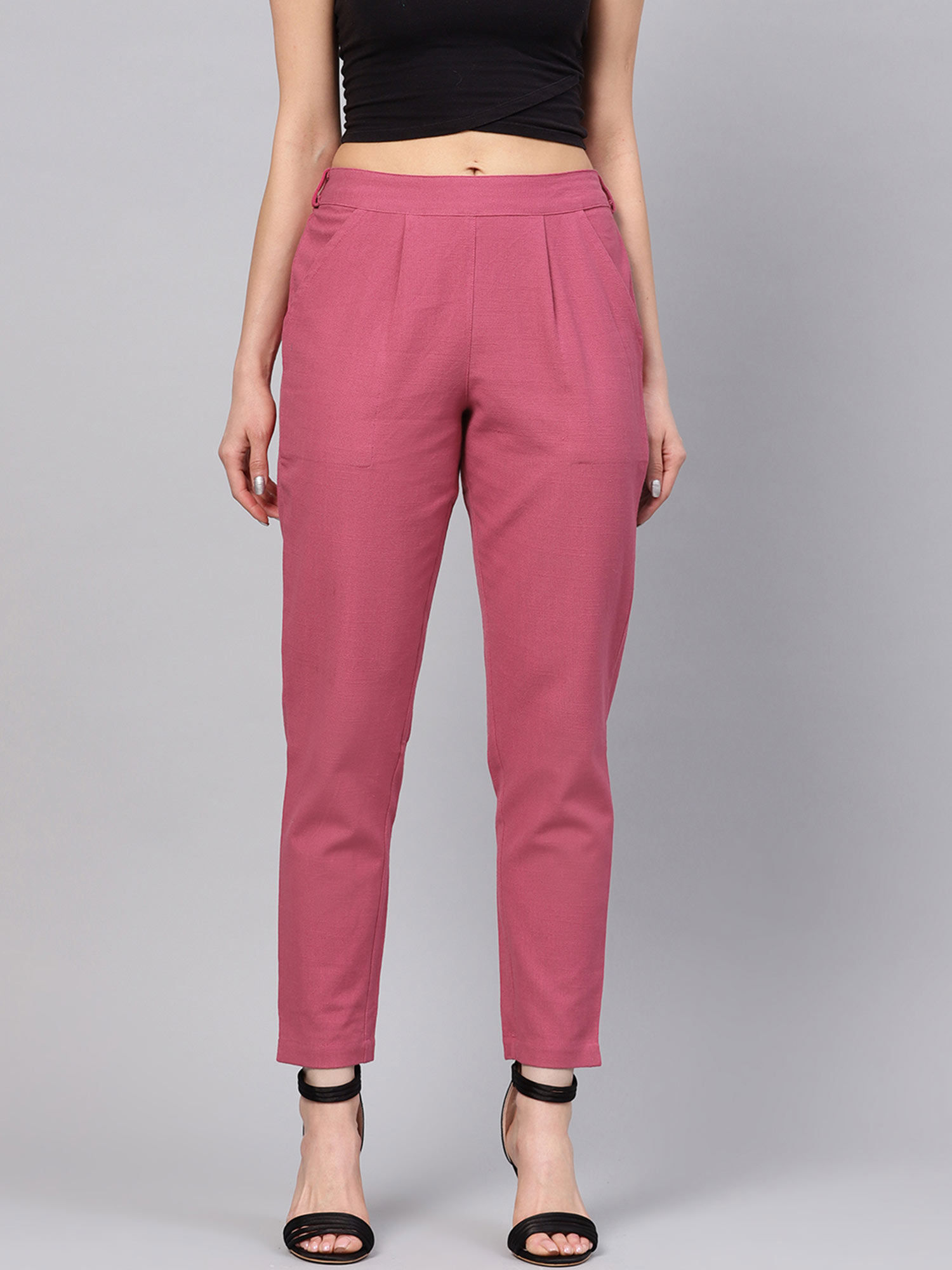 jaipur kurti Women Pink Solid Straight Cotton Slub Trouser-picture-32
