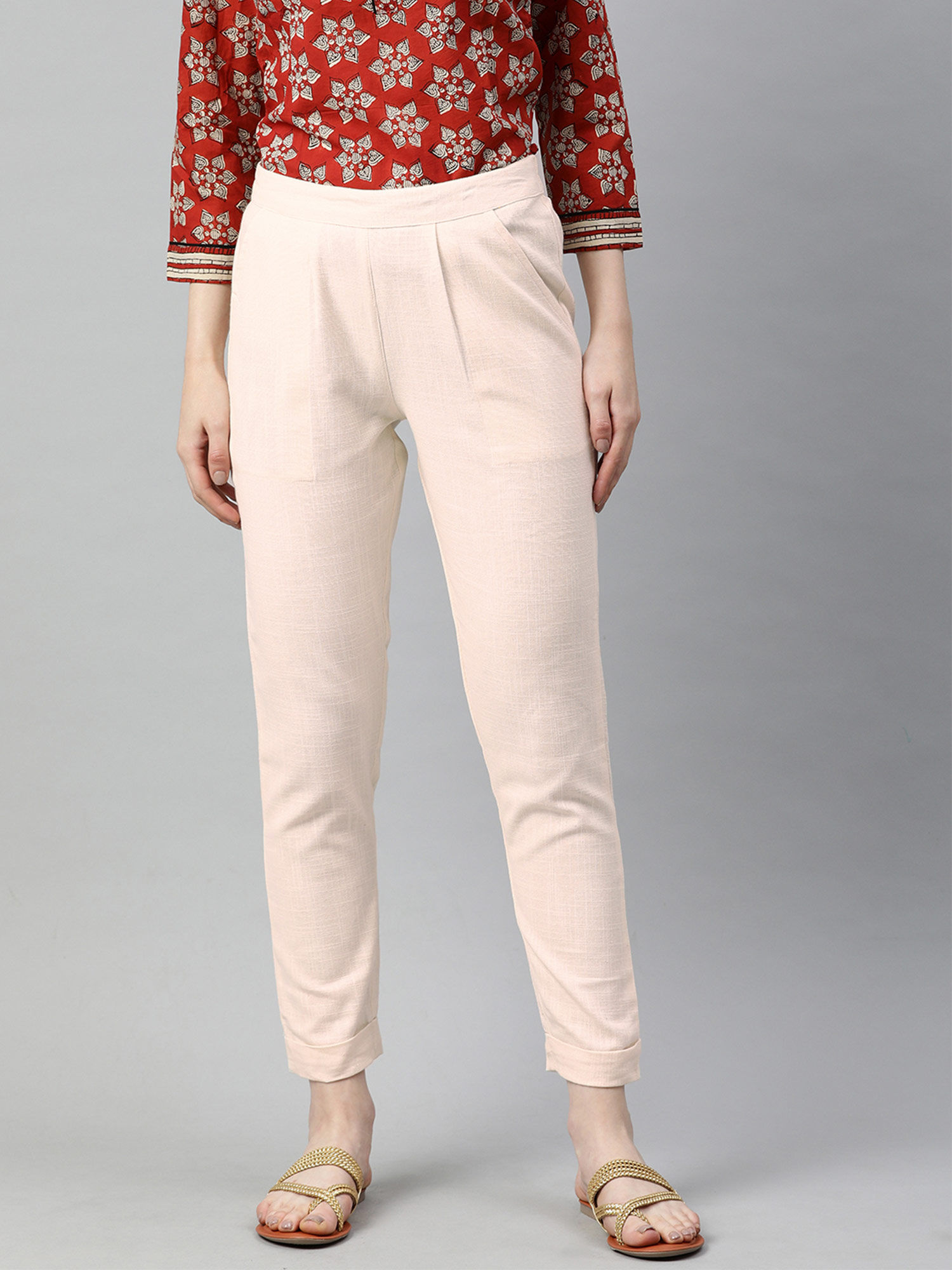 jaipur kurti Off White Solid Cotton Slub Pant-picture-40