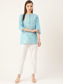 Jaipur Kurti - Blue Woven Top With Pant (Set Of 2)