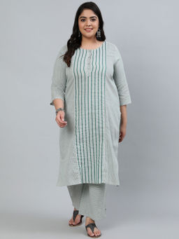 Jaipur Kurti - Women Green Self-Striped Straight Cotton Blend Kurta with Palazzos (Set of 2)