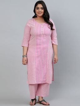 Jaipur Kurti - Women Pink Self-Striped Straight Cotton Blend Kurta with Palazzos (Set of 2)