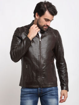 Teakwood - Brown Solid Genuine Leather Biker Jacket