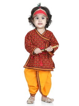 BownBee - Cotton Kanhaiya Dress With Bansuri,Mukut & Band-Red (Set of 5)