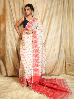 CHARUKRITI - White Jamdani with All Over Diamond Motif Design Saree without Blouse